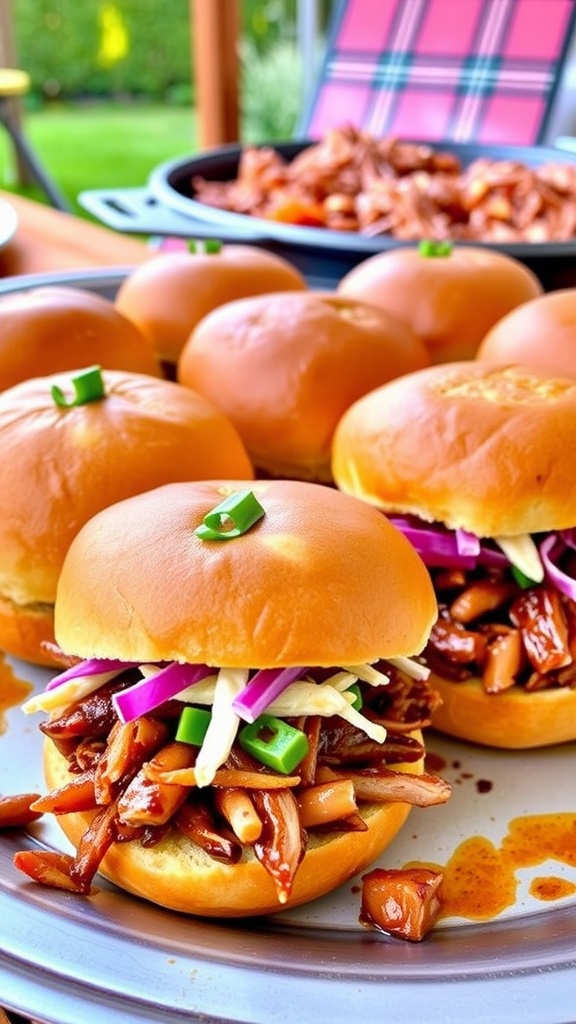 A delicious array of barbecue duck sliders on a platter, with coleslaw and fresh herbs on top.